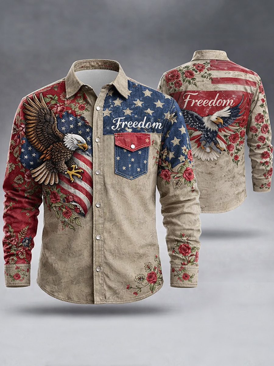 Men's Freedom American Print Cotton Vintage Casual Cotton Long Sleeve Shirt