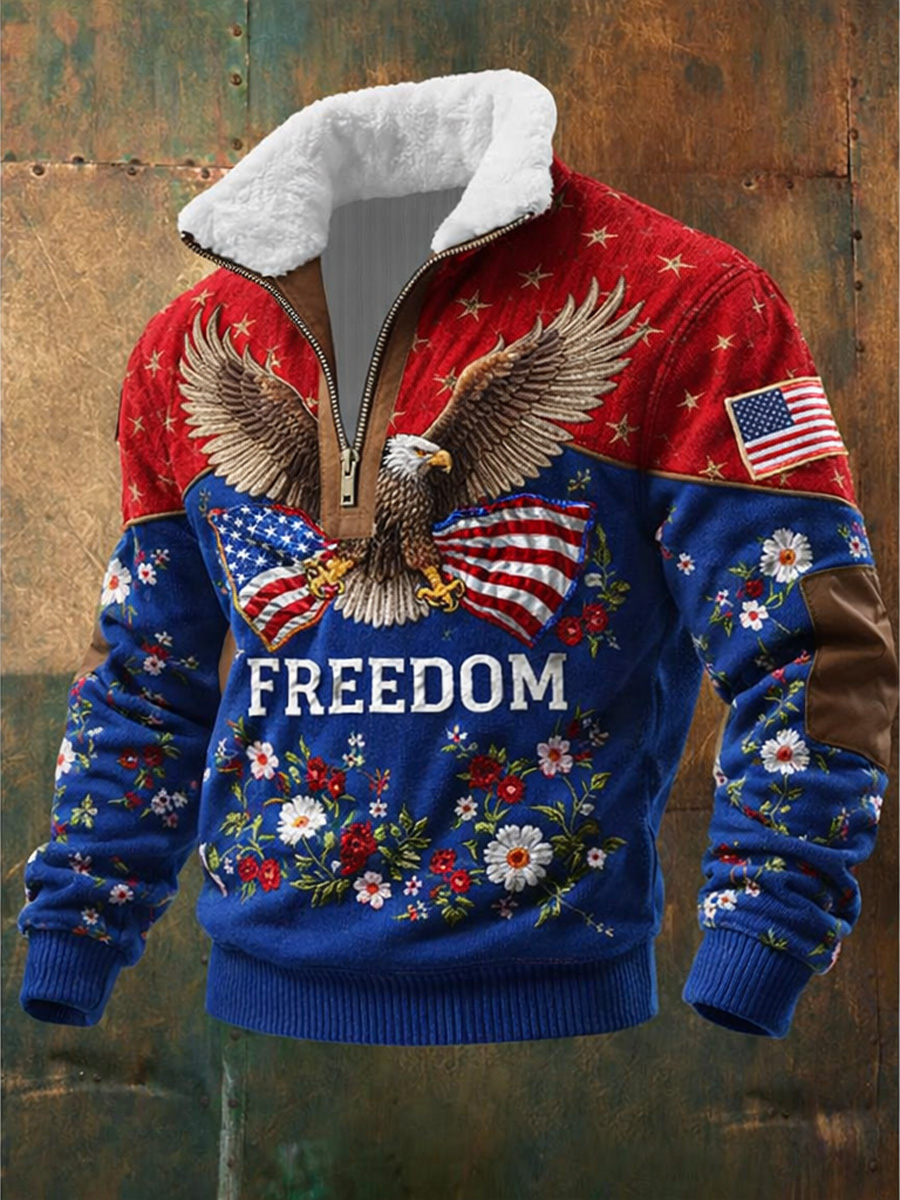 Men's Retro Freedom American Eagle Print Jacquard Fabric Zipper Fur Collar Long Sleeve Sweatshirt