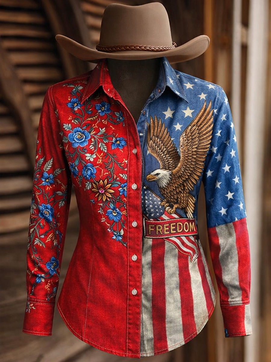 Women's Retro Casual American Freedom Print Vintage Long Sleeves Shirt