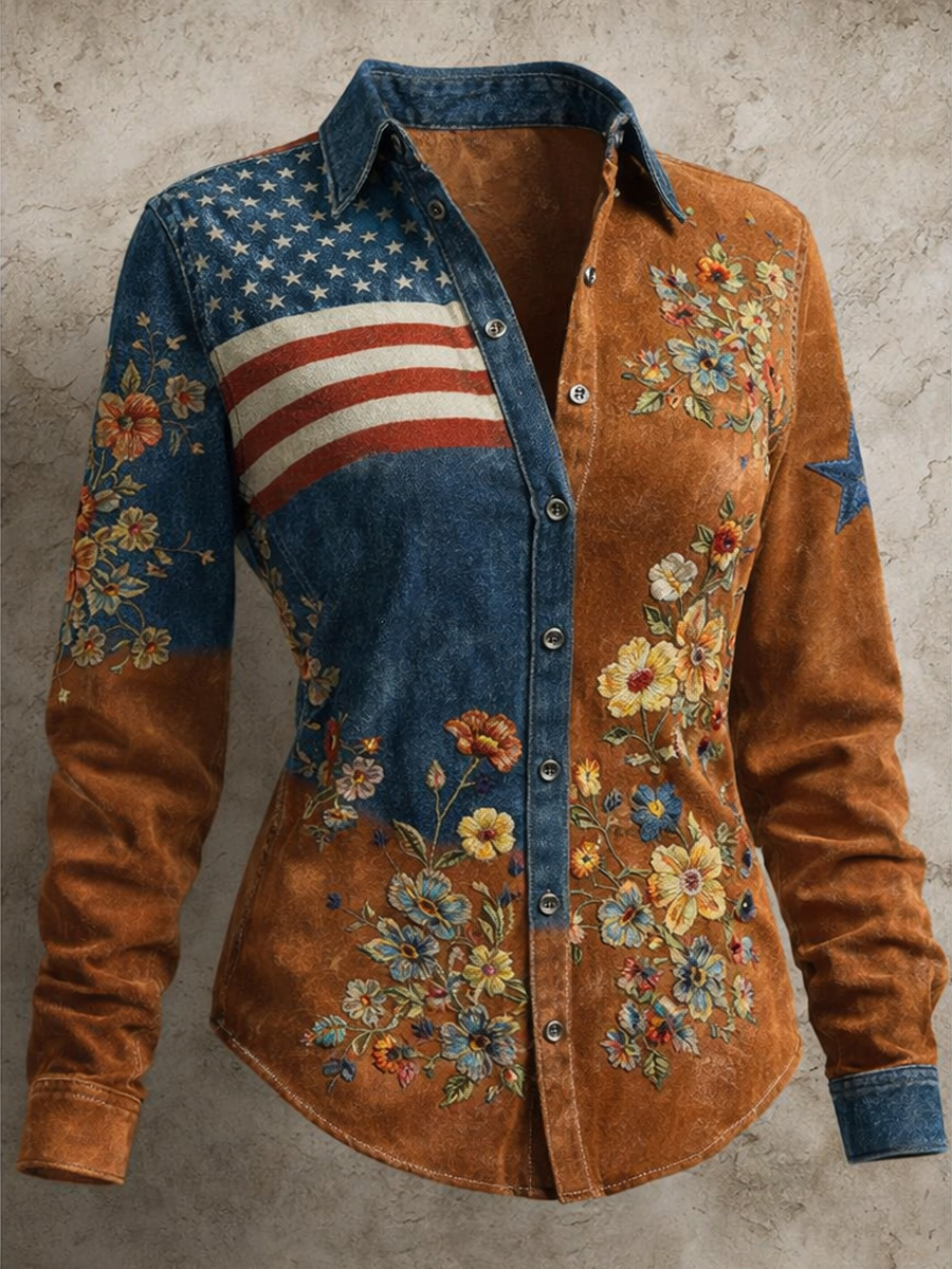 Women's Retro Casual American 250th Anniversary Print Vintage Tassel Long Sleeves Shirt