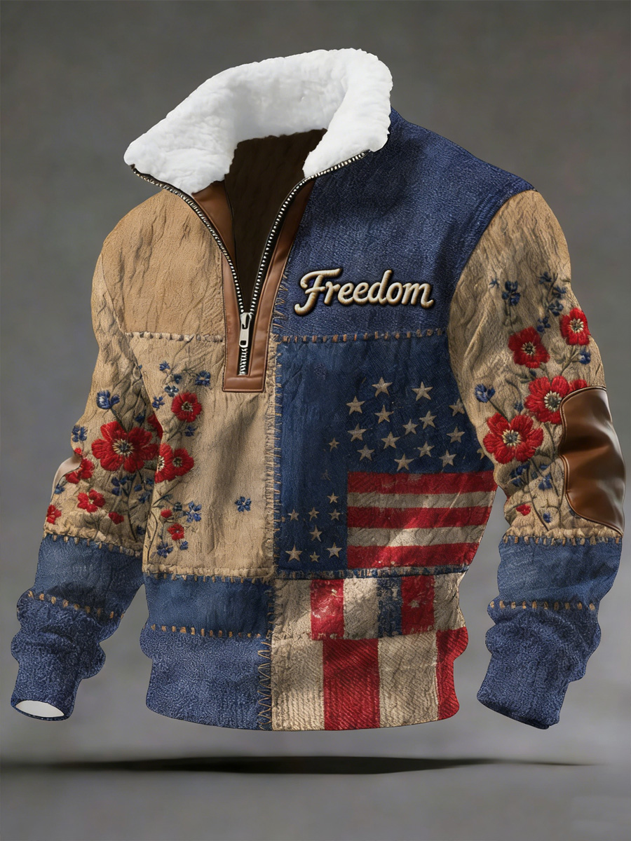 Men's Retro Freedom Western Style Art Print Jacquard Fabric Zipper Fur Collar Long Sleeve Sweatshirt