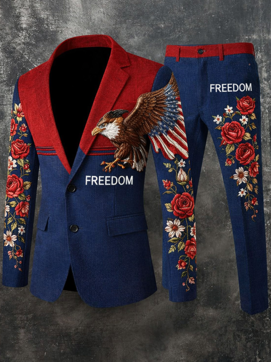 Men's Retro Freedom American Eagle Print Casual Jacket Trousers Two-Piece Suits