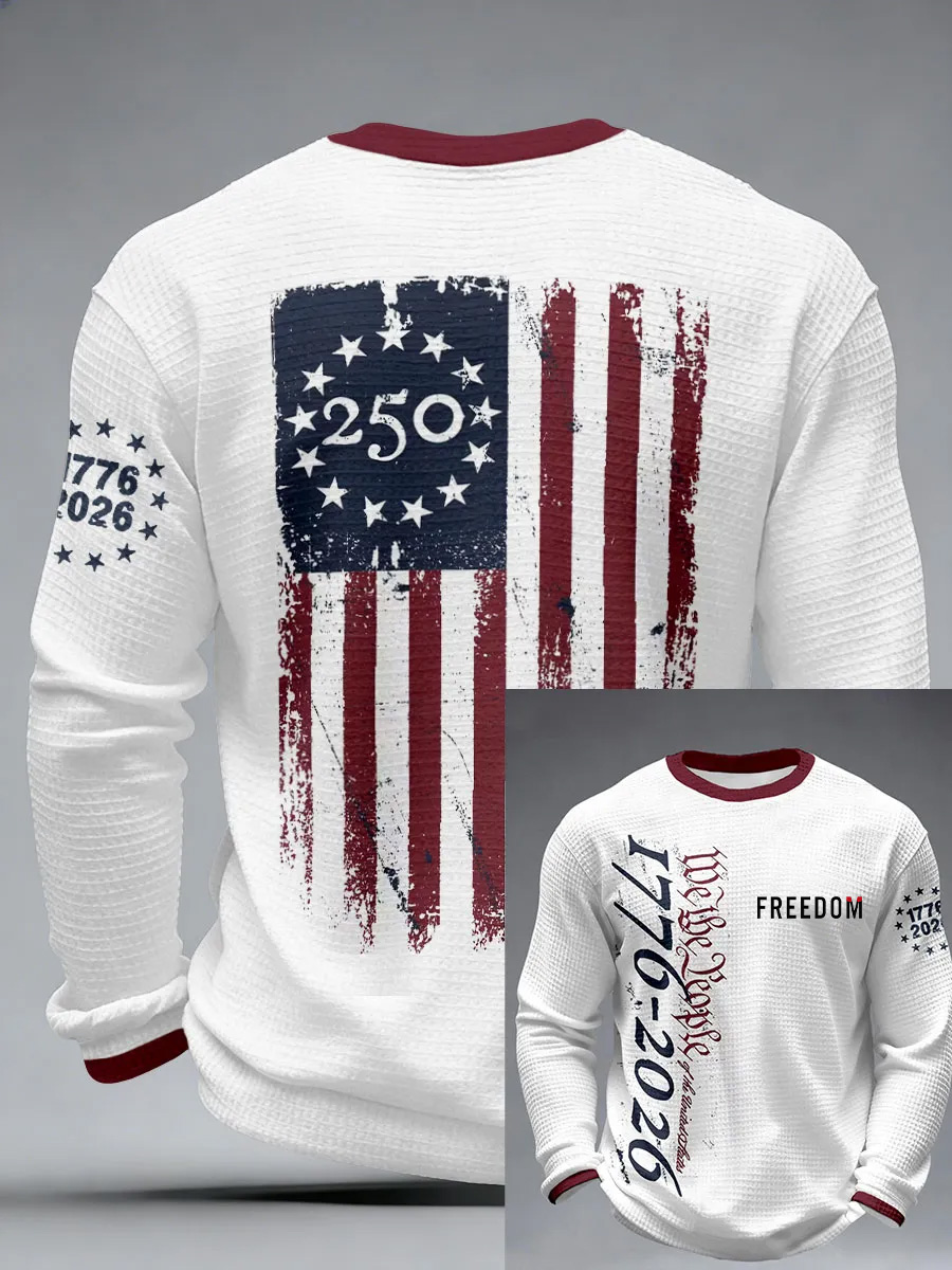 Men's Retro 250 Years 1776-2026 Freedom Print Waffle Texture Casual Long Sleeves Sweatshirt