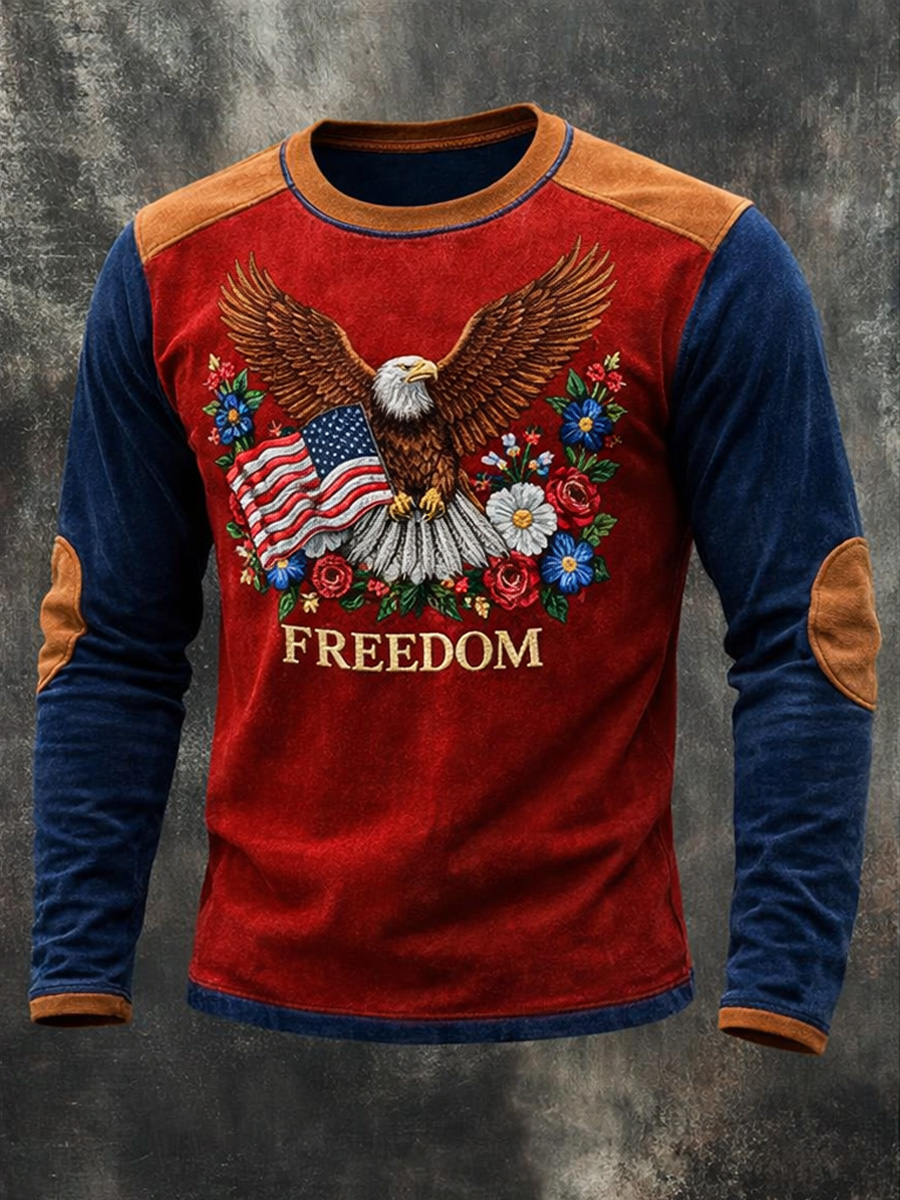 Men's Retro Freedom American Eagle Print Round-Neck Western-Style Long Sleeve Sweatshirt