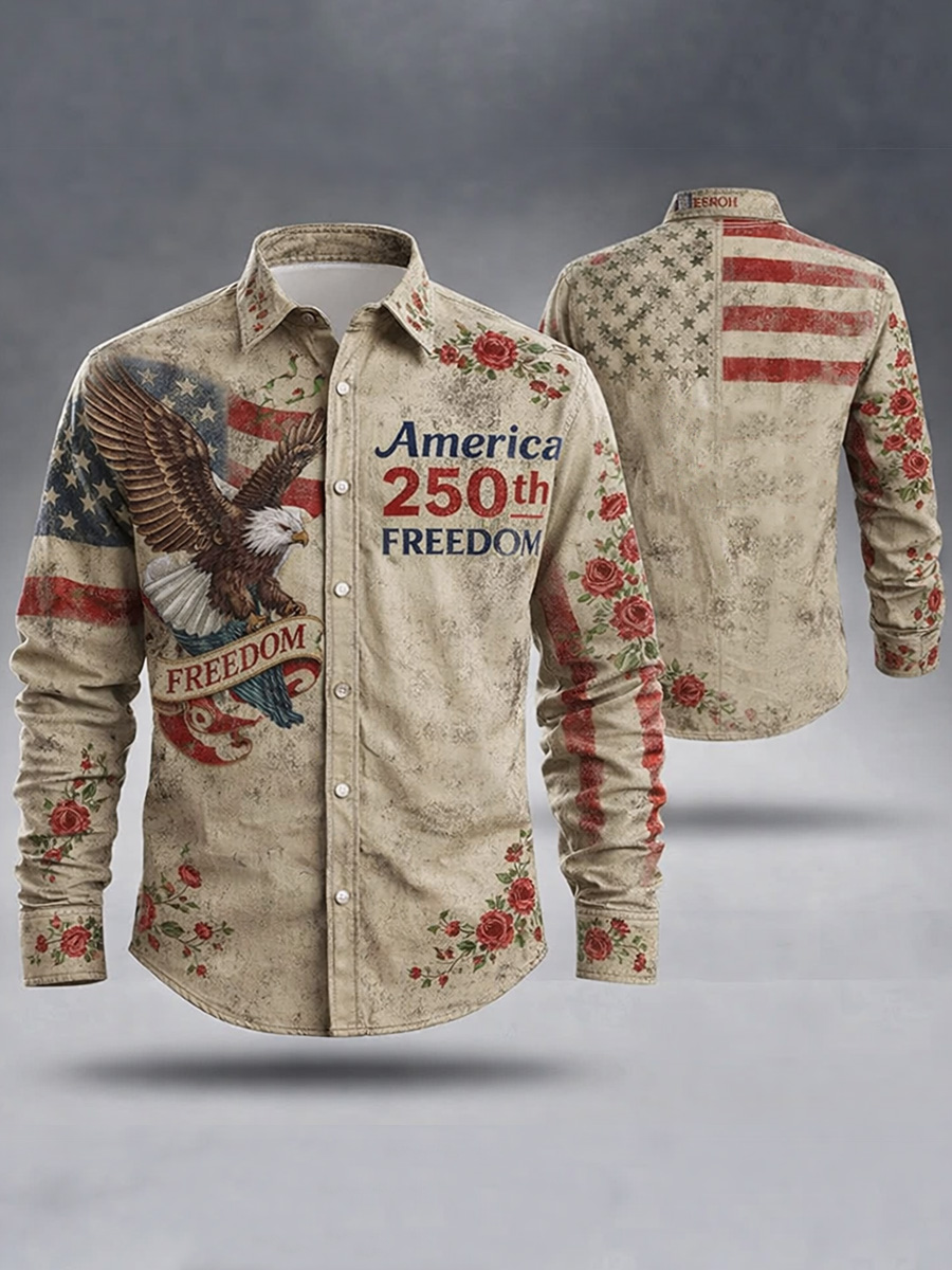 Men's Freedom American Eagle Print Cotton Vintage Casual Cotton Long Sleeve Shirt