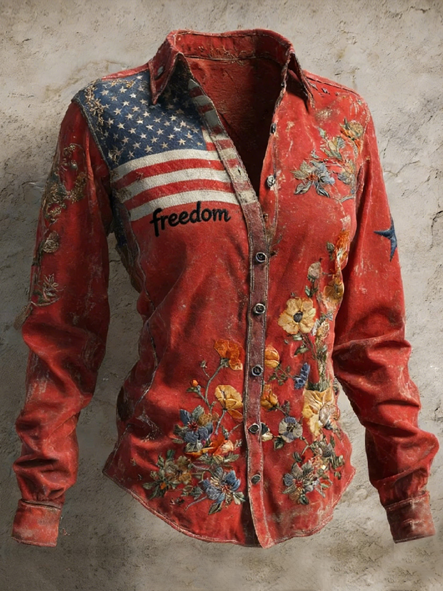 Women's Retro Casual American 250th Anniversary Print Vintage Tassel Long Sleeves Shirt