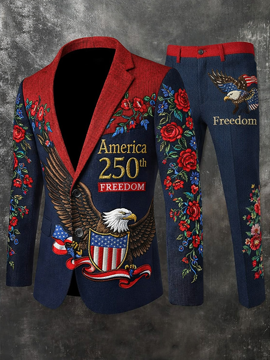 Men's Retro Freedom American Eagle Print Casual Jacket Trousers Two-Piece Suits