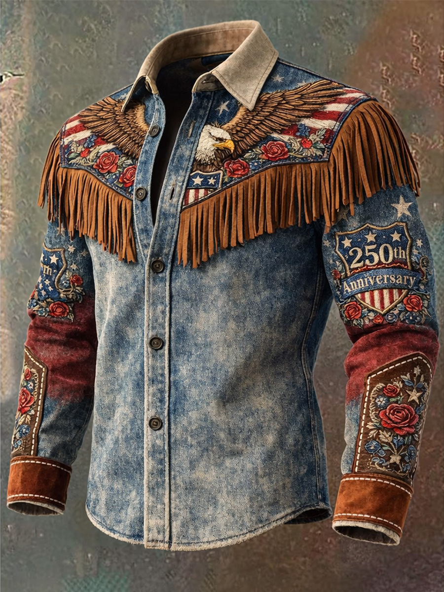 Men's Retro Western Style Art Print Vintage Tassel Casual Long Sleeve Shirt