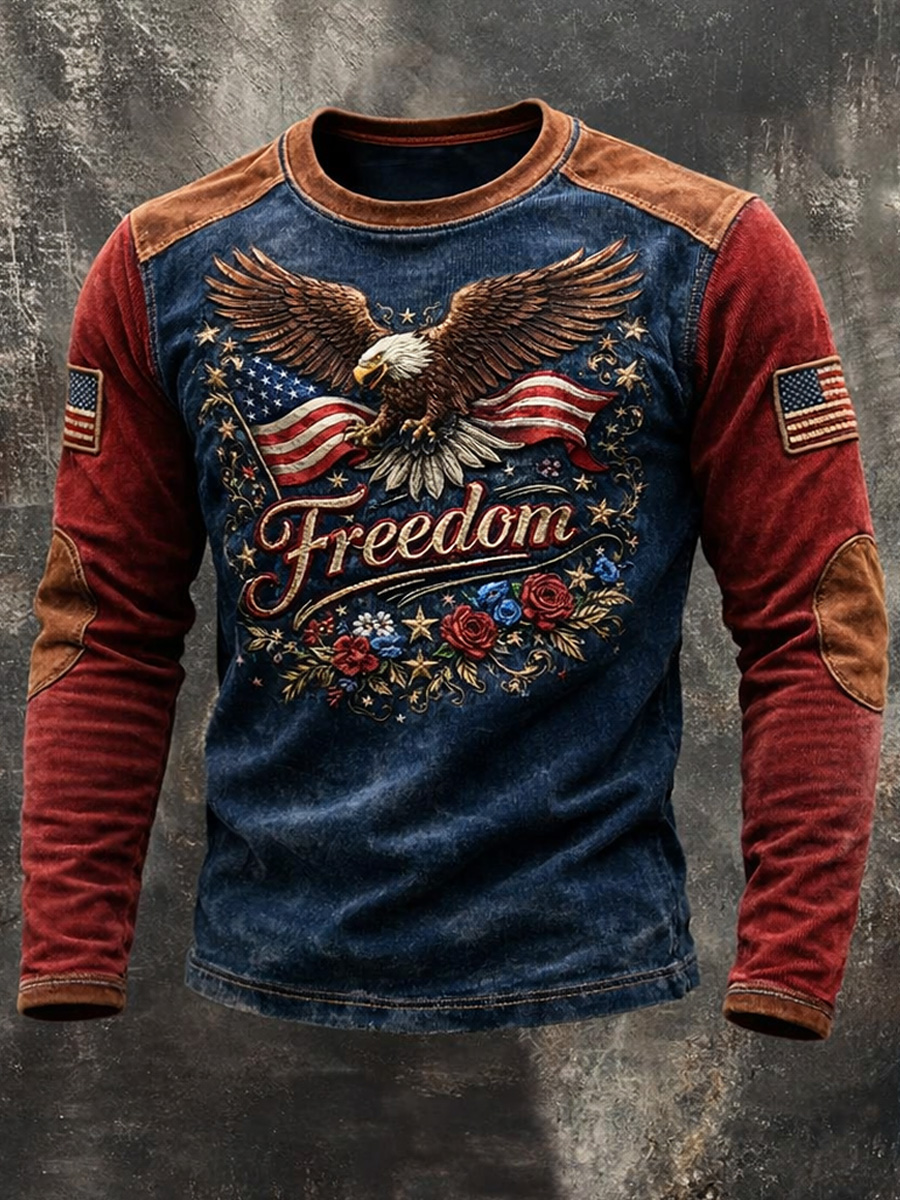 Men's Retro Freedom American Eagle Print Round-Neck Western-Style Long Sleeve Sweatshirt