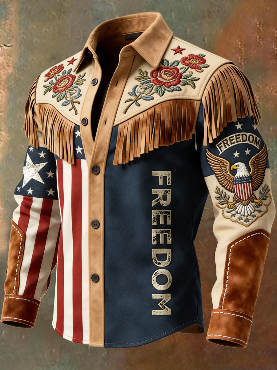Men's Retro Freedom American Eagle Print Vintage Tassel Casual Long Sleeve Shirt