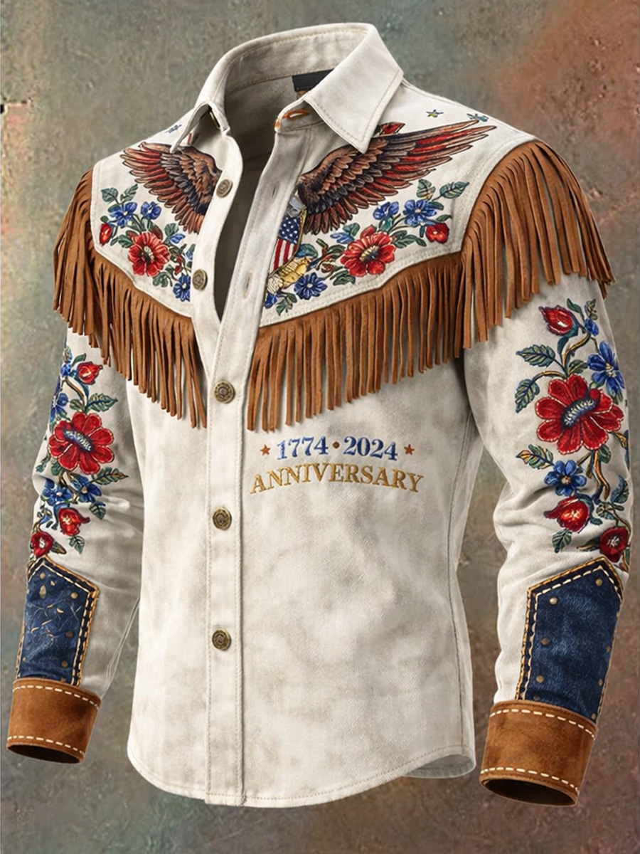 Men's Retro Western Style Art Print Vintage Tassel Casual Long Sleeve Shirt