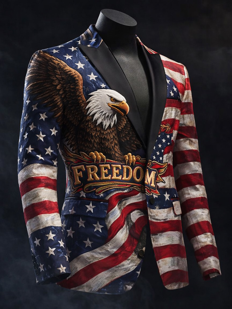 Men's Retro American Flag Art Print Casual Pocket Blazers