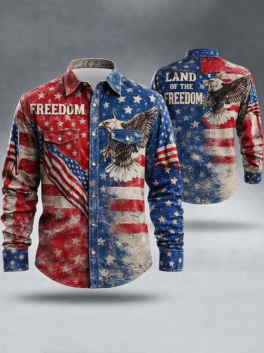 Men's Freedom American Print Cotton Vintage Casual Cotton Long Sleeve Shirt