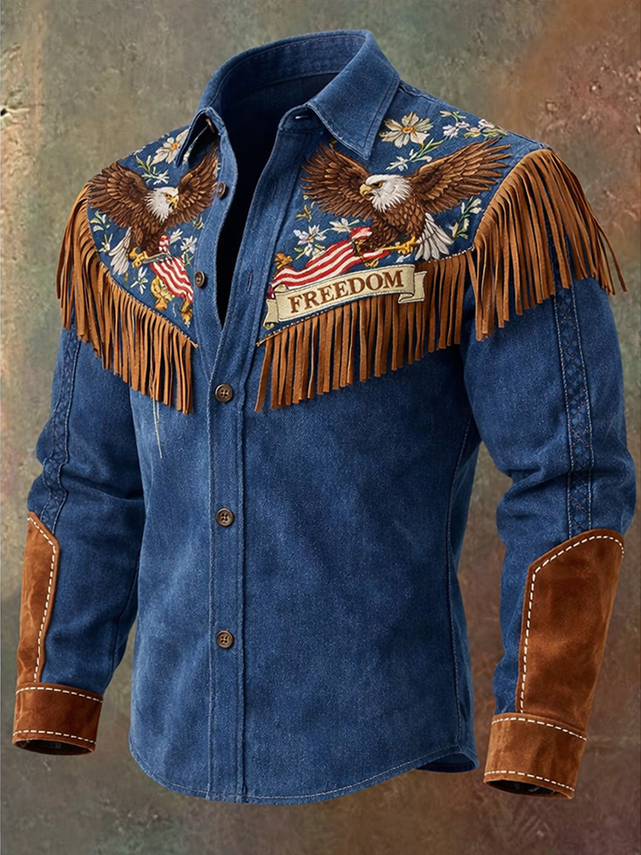 Men's Retro Freedom Western Style Art Print Vintage Tassel Casual Long Sleeve Shirt