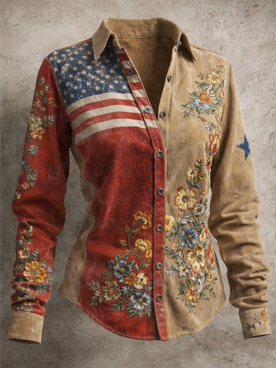 Women's Retro Casual American 250th Anniversary Print Vintage Tassel Long Sleeves Shirt