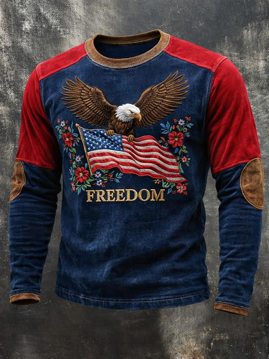 Men's Retro Freedom American Eagle Print Round-Neck Western-Style Long Sleeve Sweatshirt