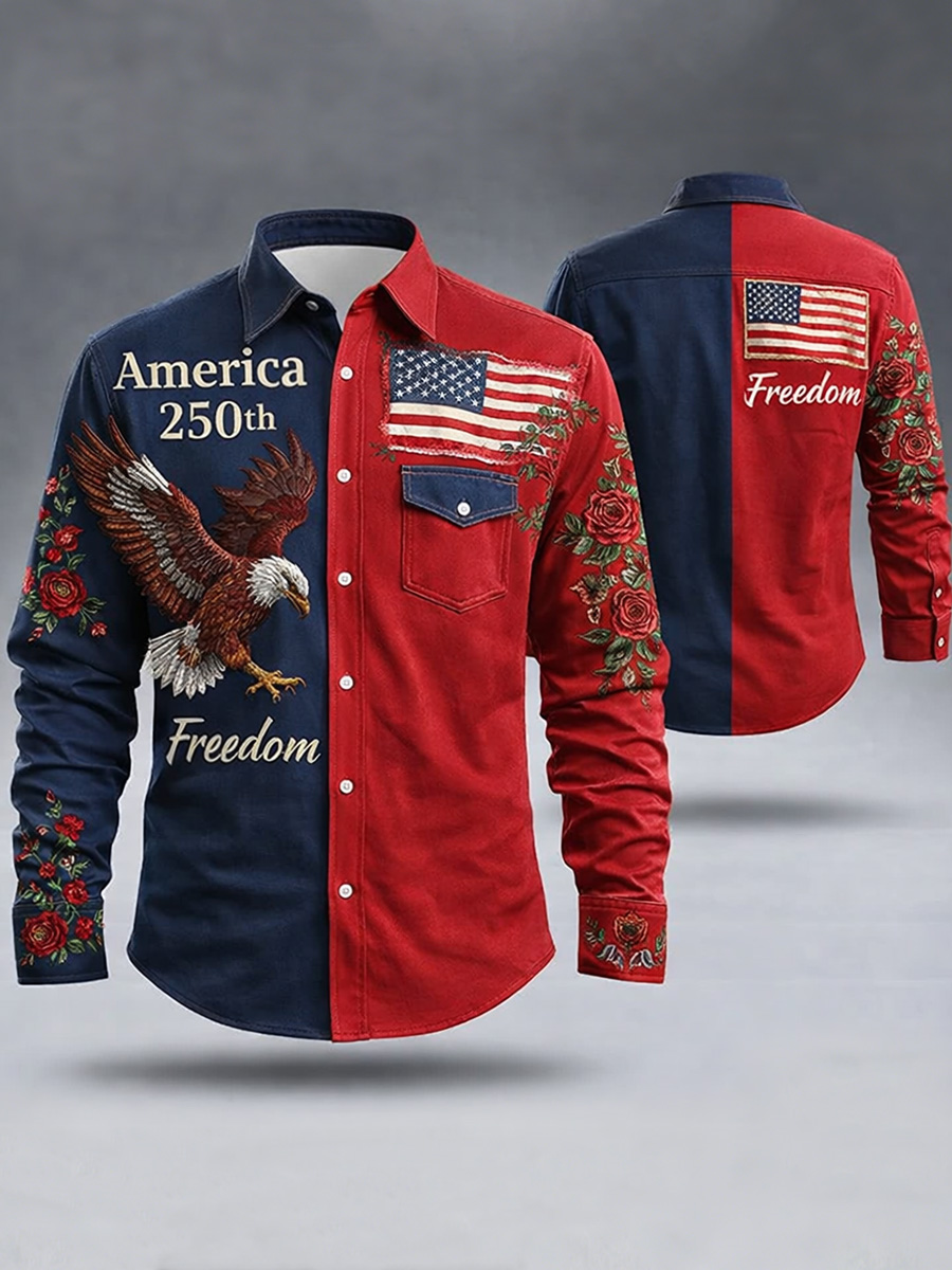 Men's Freedom American Print Cotton Vintage Casual Cotton Long Sleeve Shirt