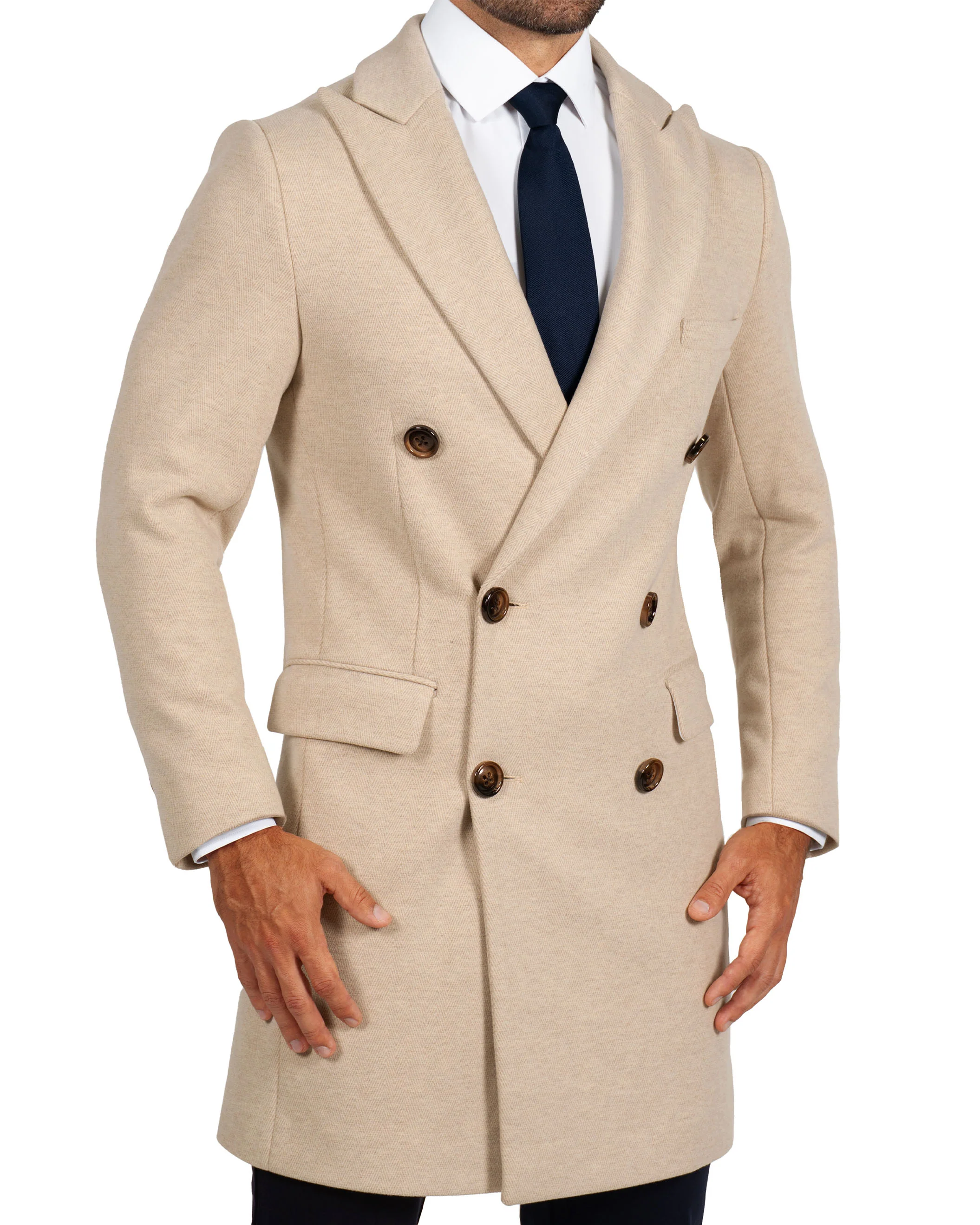 Double Breasted Overcoat - Tan Herringbone