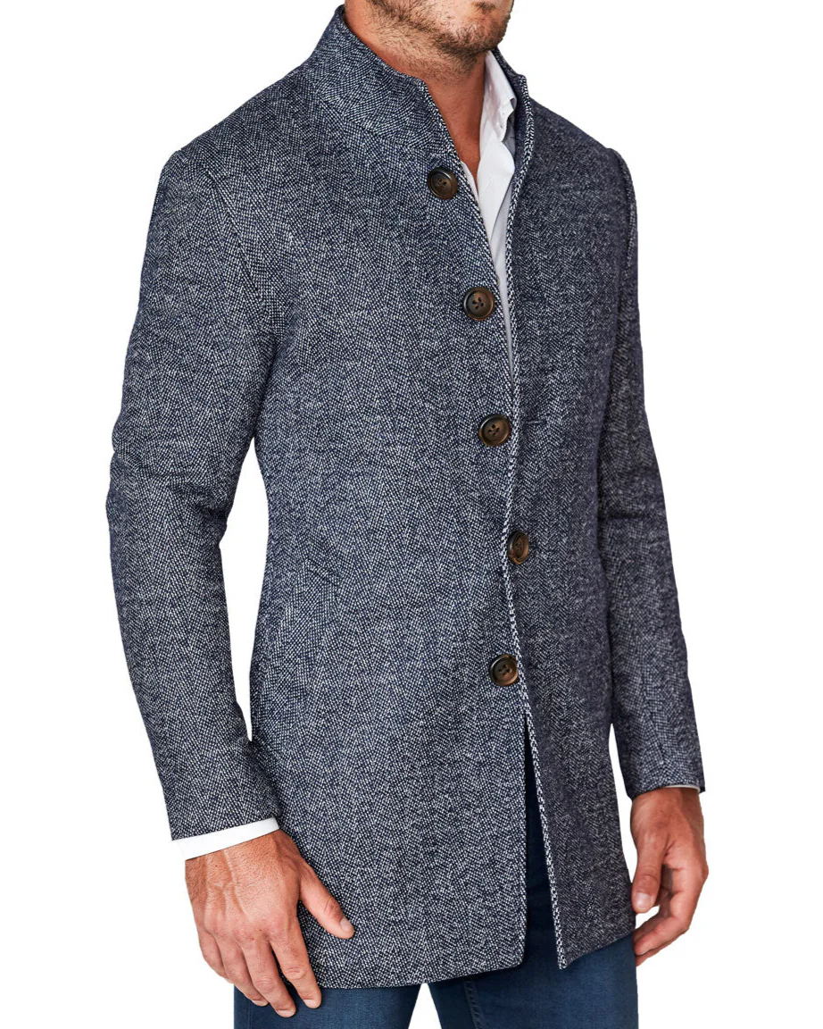 Open Button Overcoat - Navy Herringbone