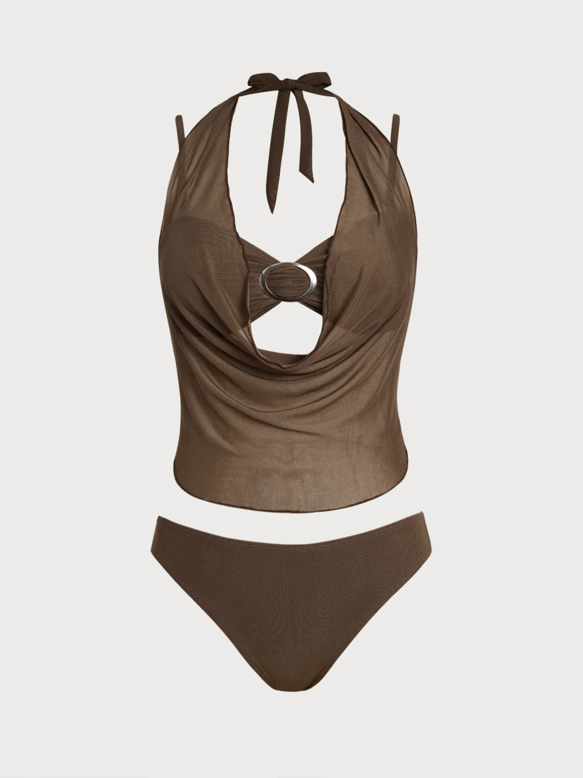 Brown Mesh Cover-up Tankini Three-Piece Set
