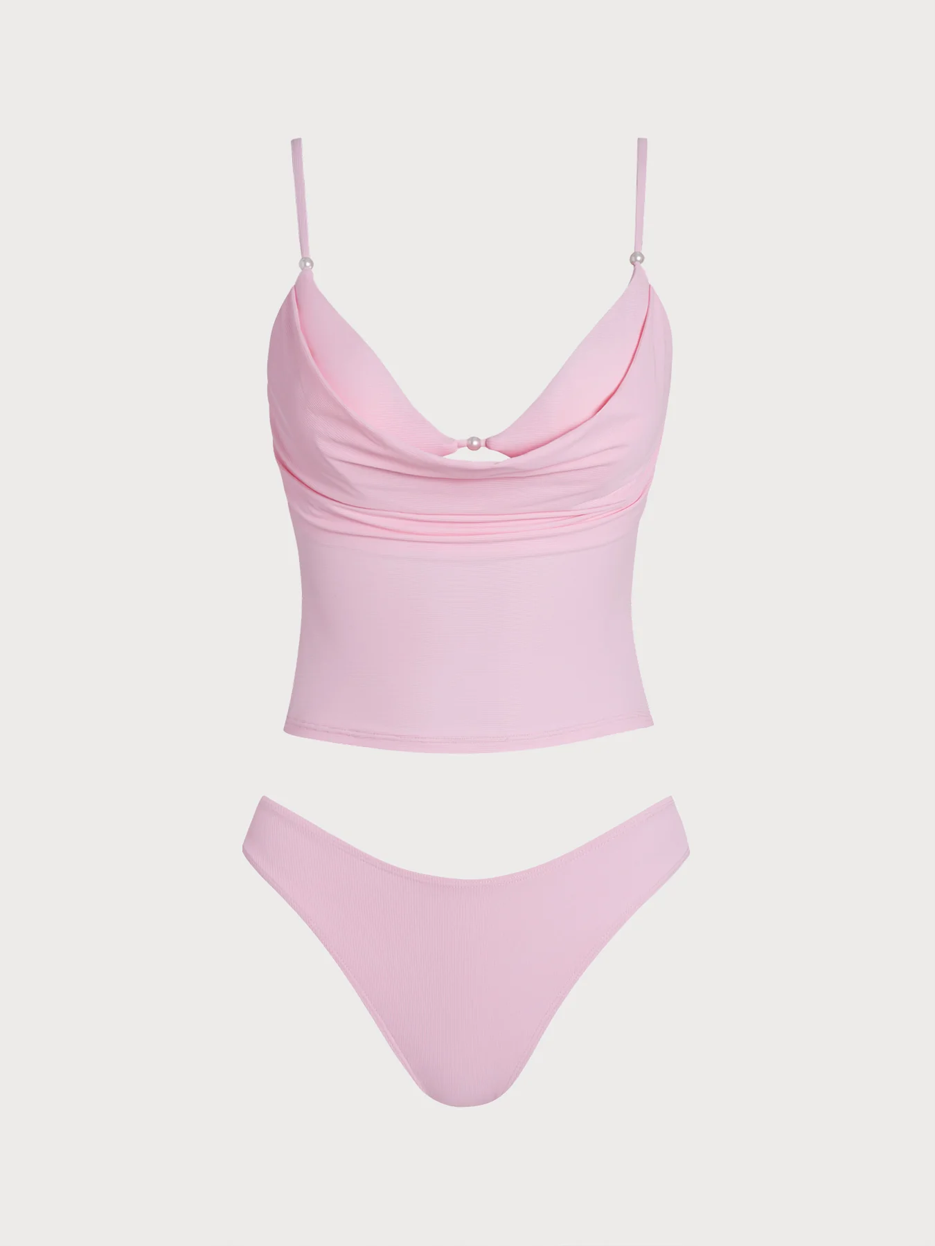Pink Ribbed Fake Two-Piece Tankini Set
