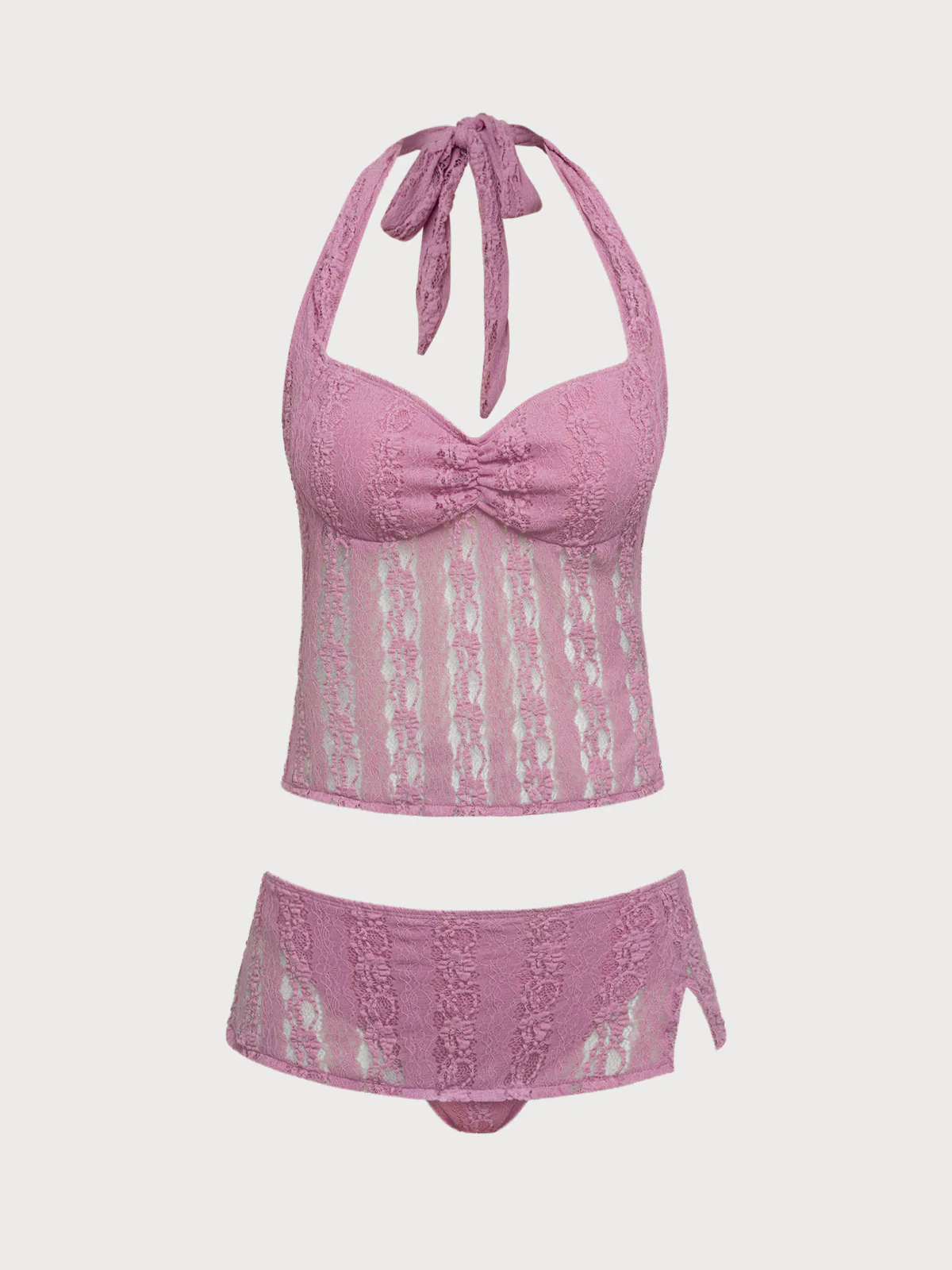 Pink Nylon Knitted Lace Tankini Set