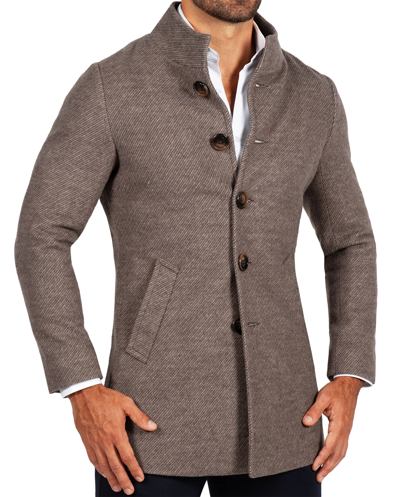 Open Button Overcoat - Brushed Brown & Taupe