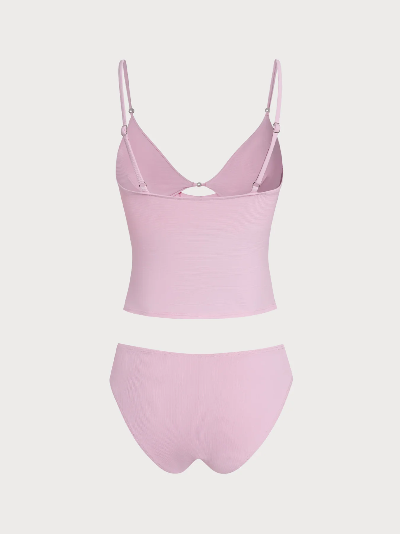 Pink Ribbed Fake Two-Piece Tankini Set
