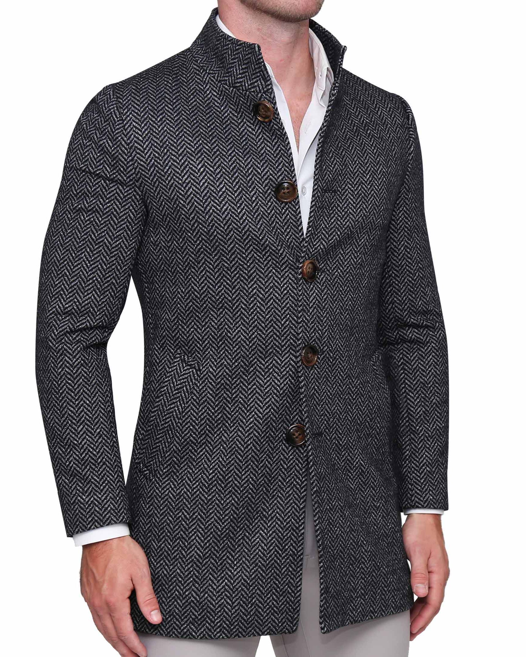 Open Button Overcoat - Navy & Grey Chevron