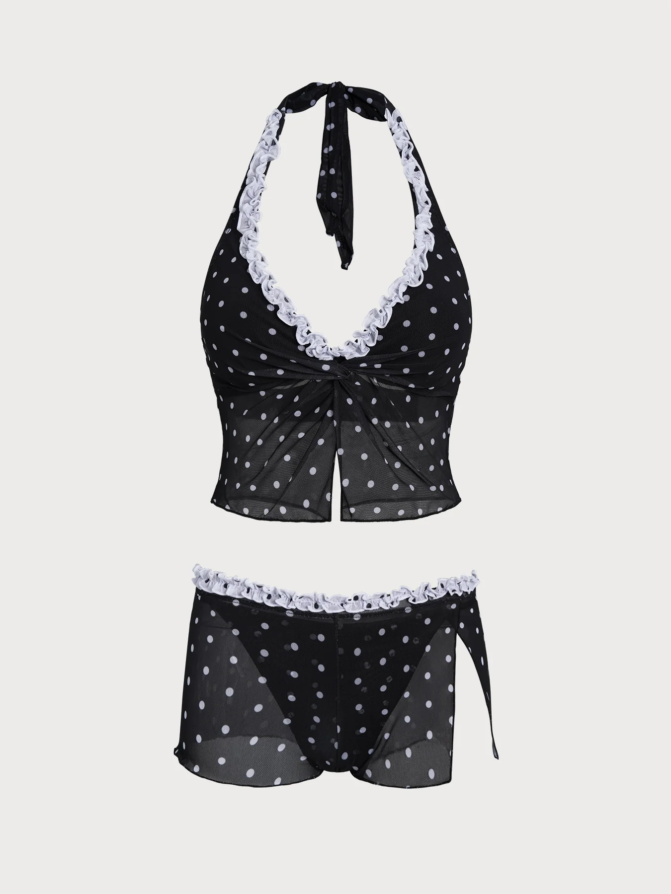 Black Contrast Polka Dot Print Tankini Three-Piece Set