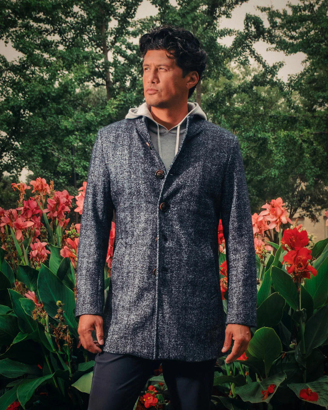 Open Button Overcoat - Navy Herringbone