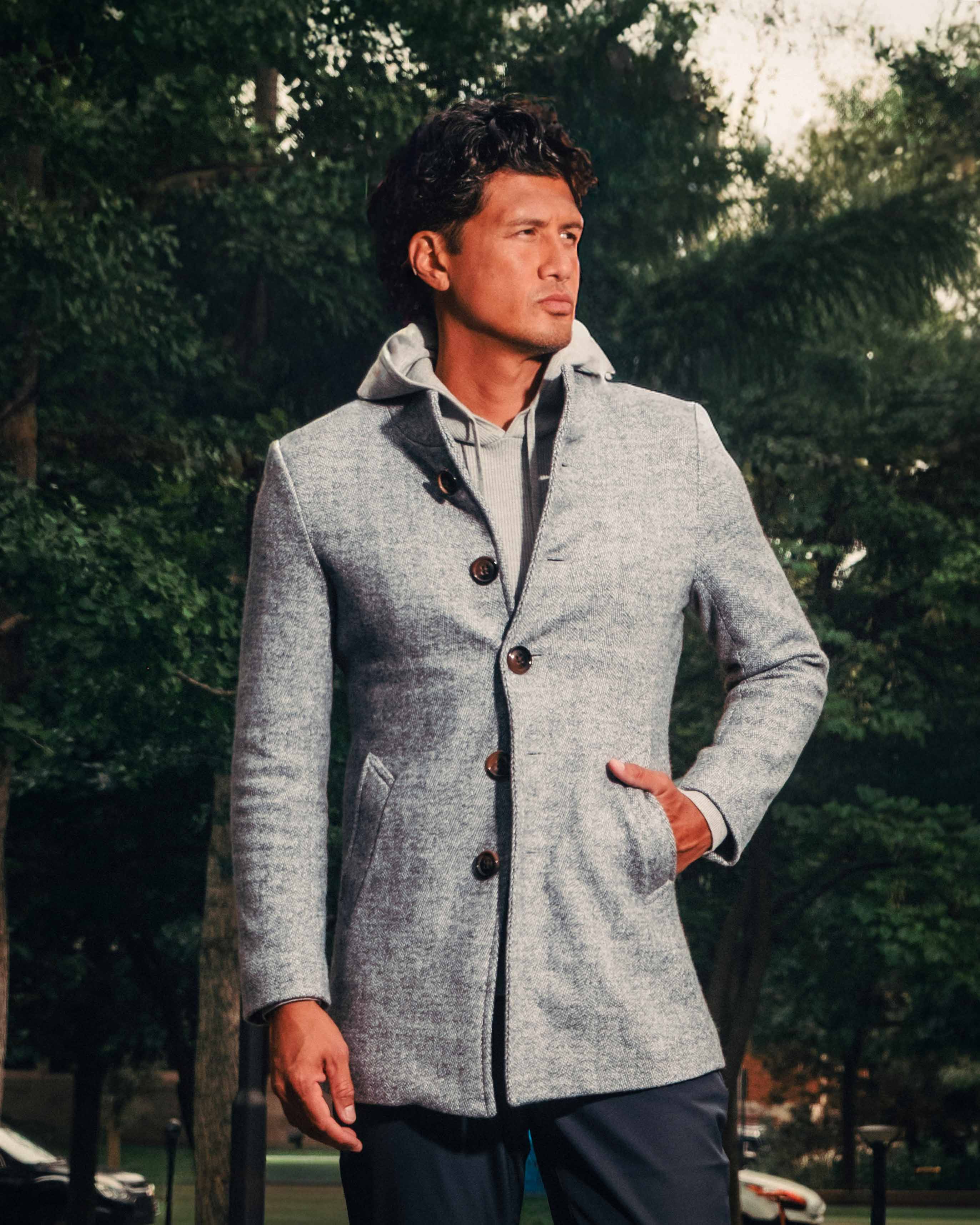 Open Button Overcoat - Grey Herringbone