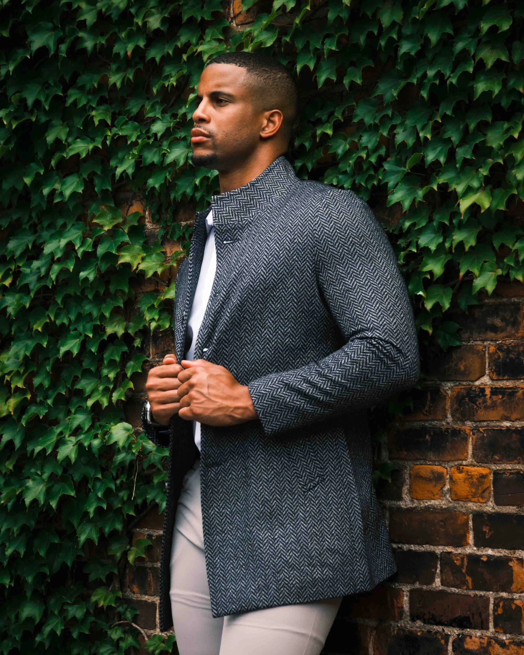 Open Button Overcoat - Navy & Grey Chevron