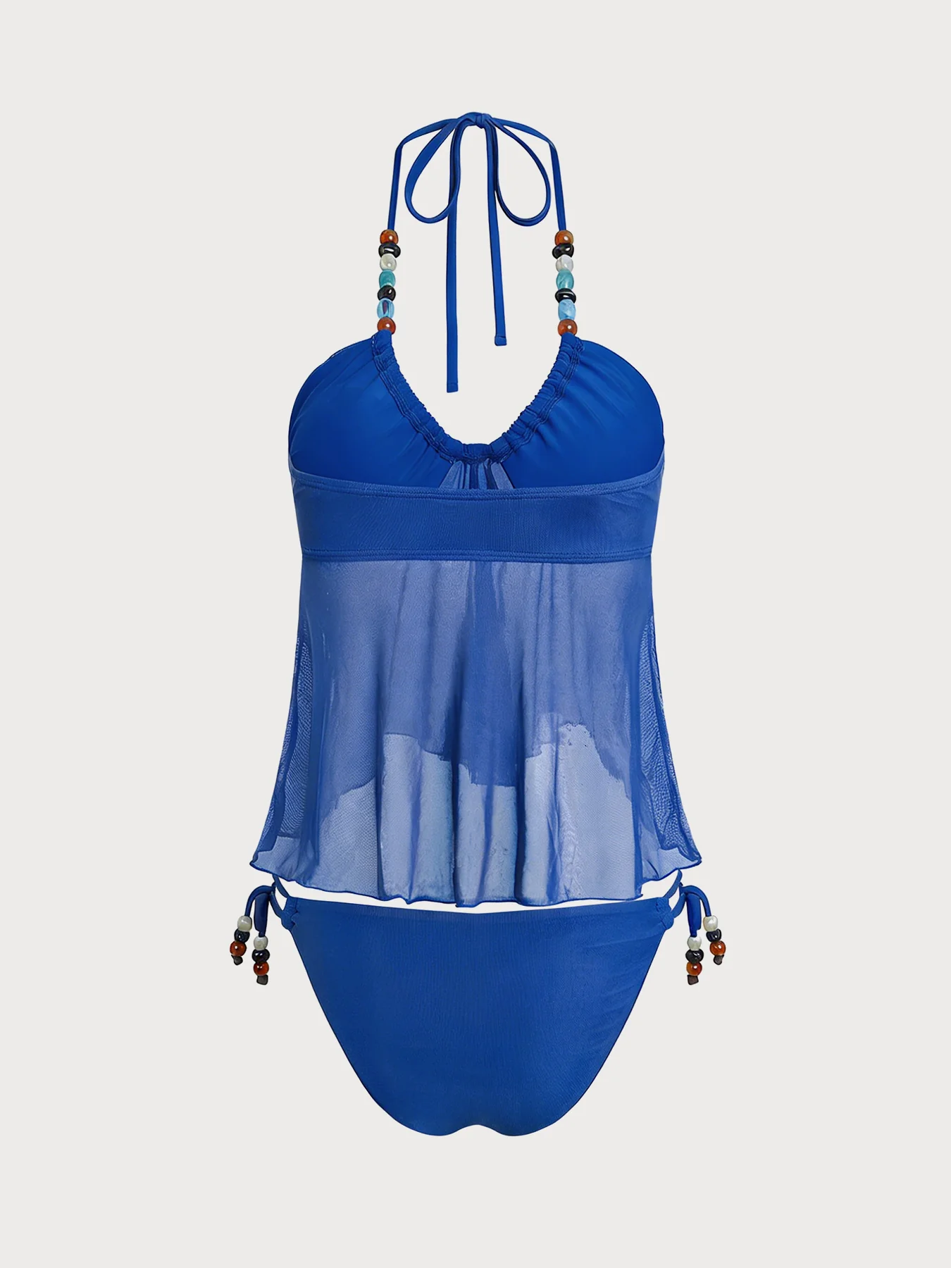 Blue Irregular Hem Contrast Beaded Tankini Set