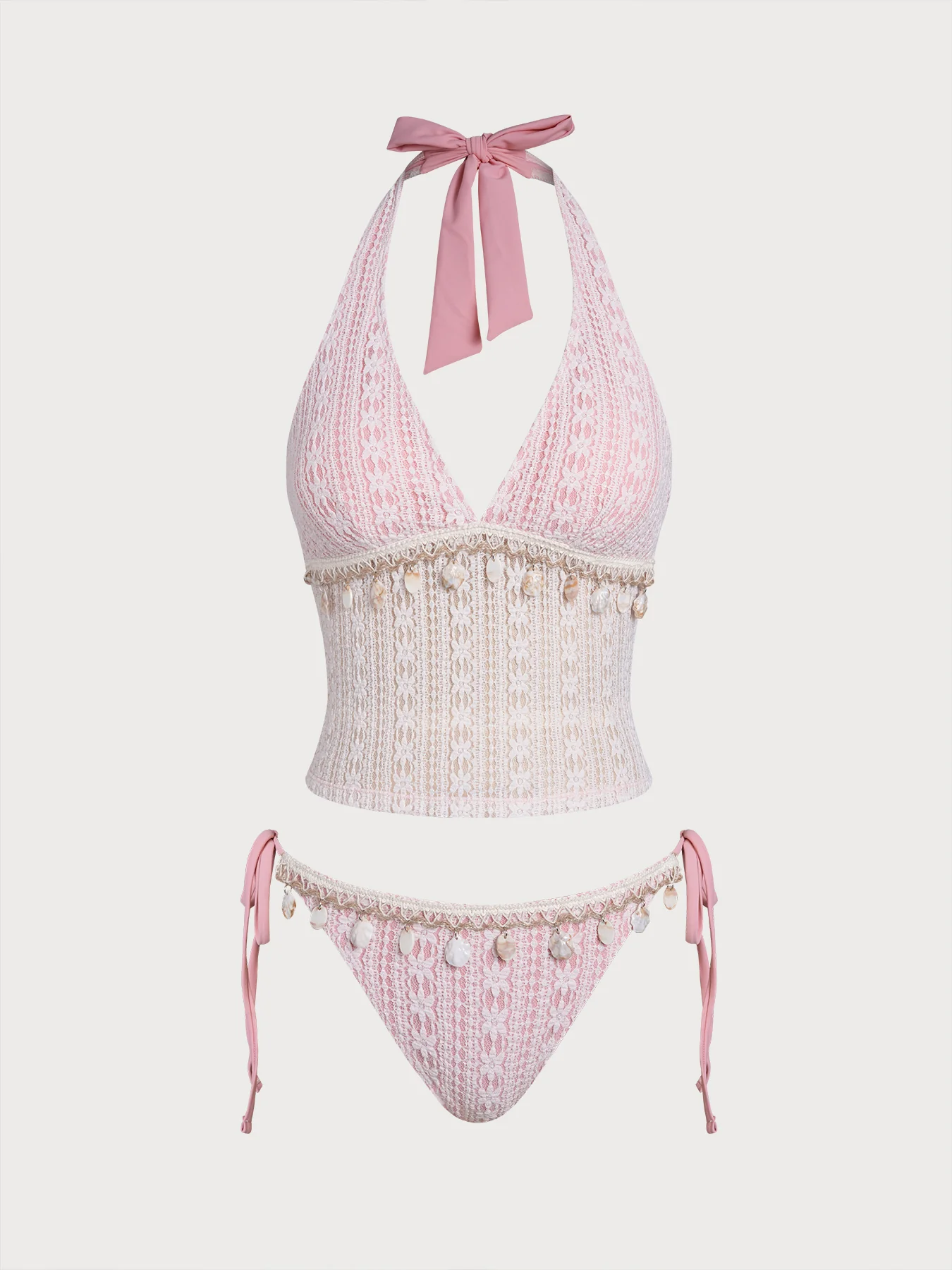 Pink Crochet Lace Shell Tankini Set