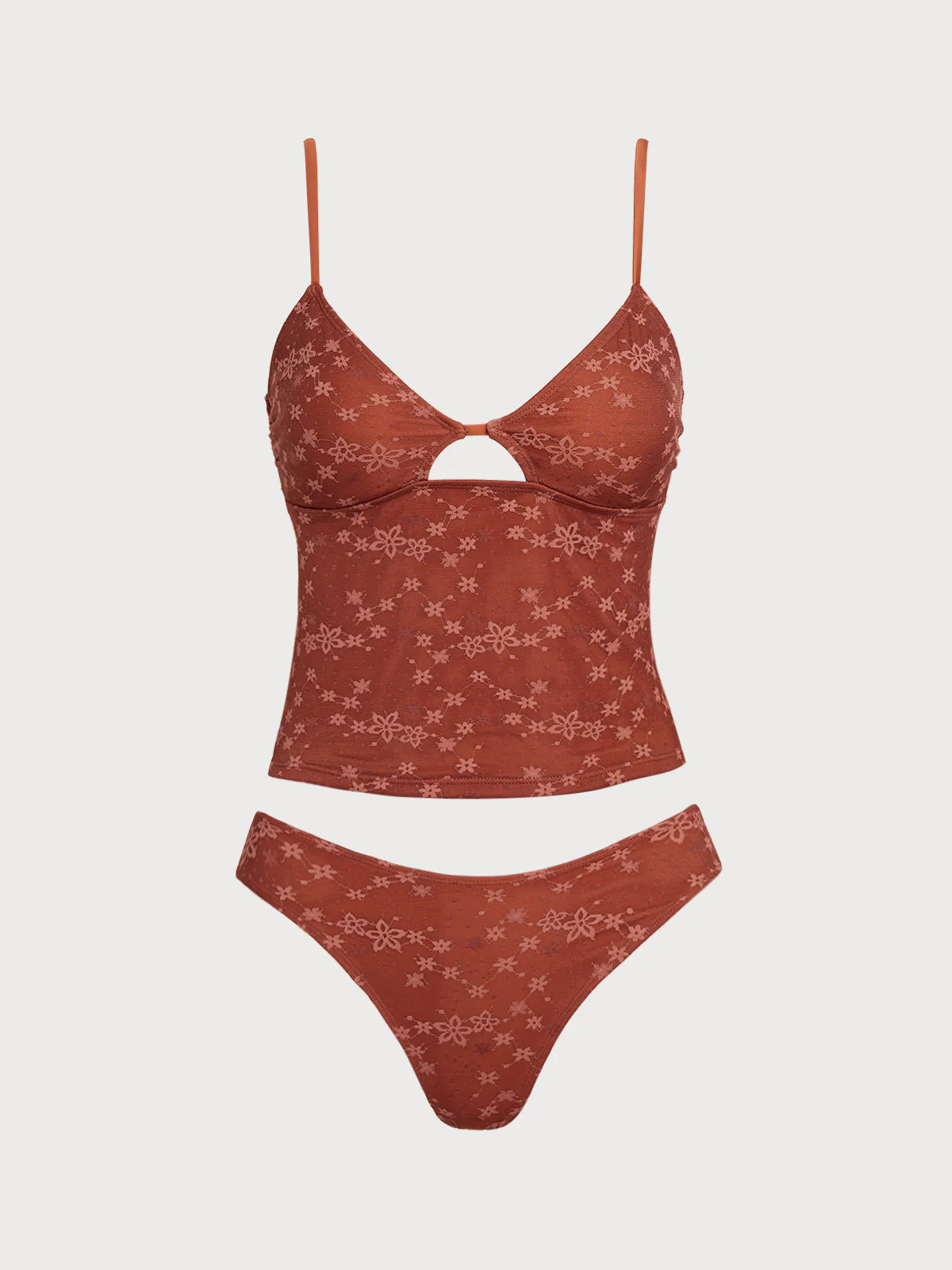 Brown Lace Flower Hollow Tankini Set