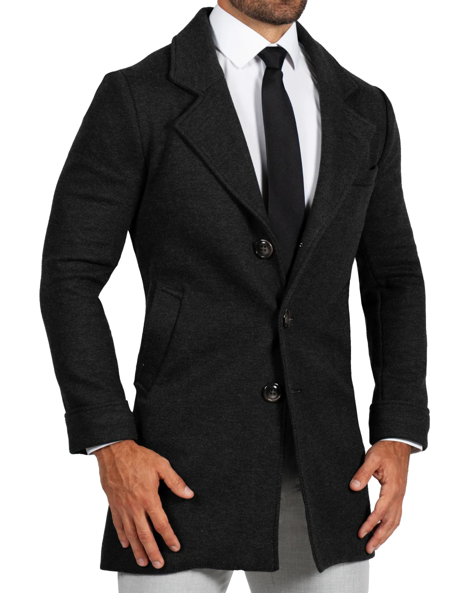 3 Button Overcoat - Charcoal Herringbone