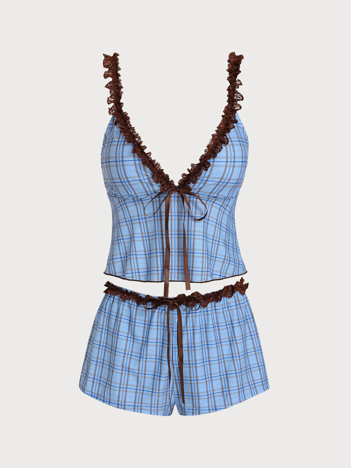 Blue Contrast Lace Plaid Print Tankini Three-Piece Set