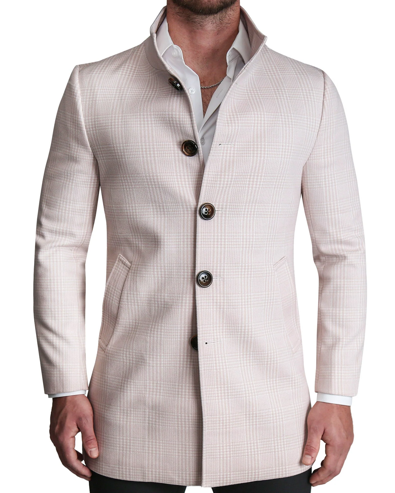 Light Tan Plaid Open Button Overcoat