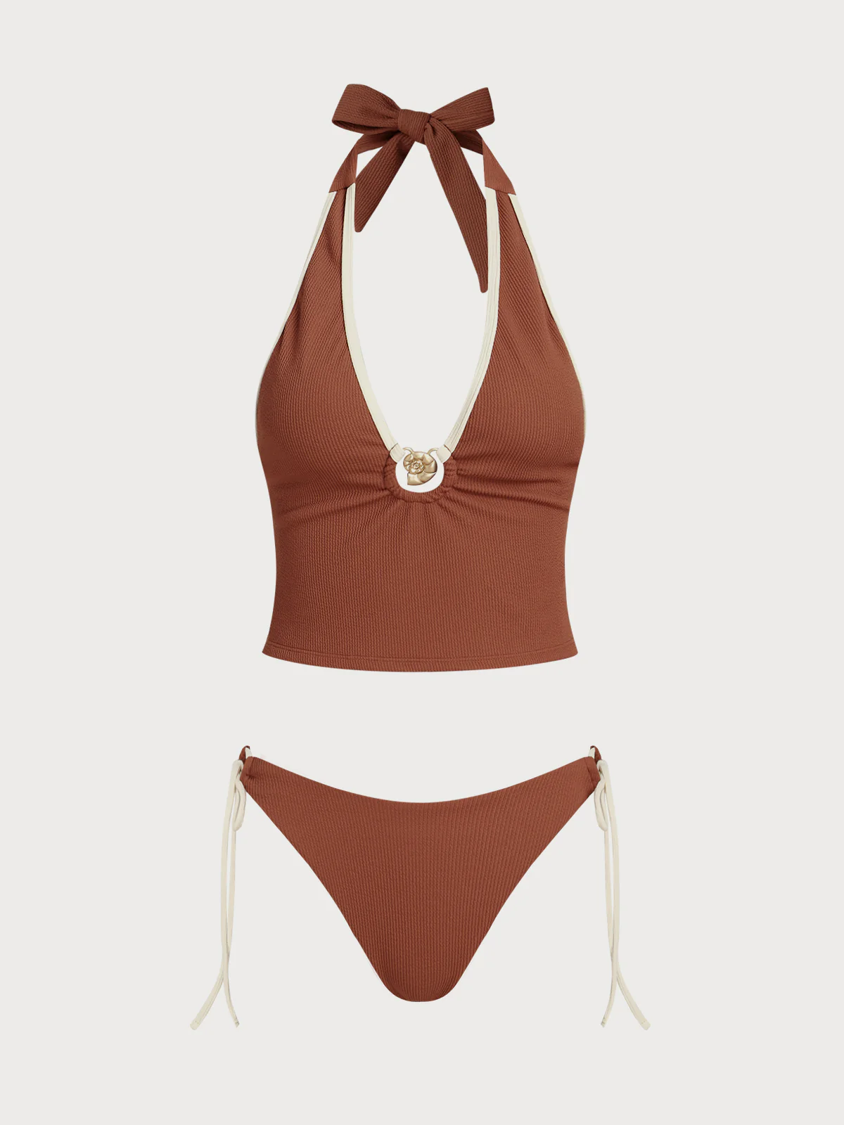 Brown Contrast Conch Shell V-Neck Tankini Set