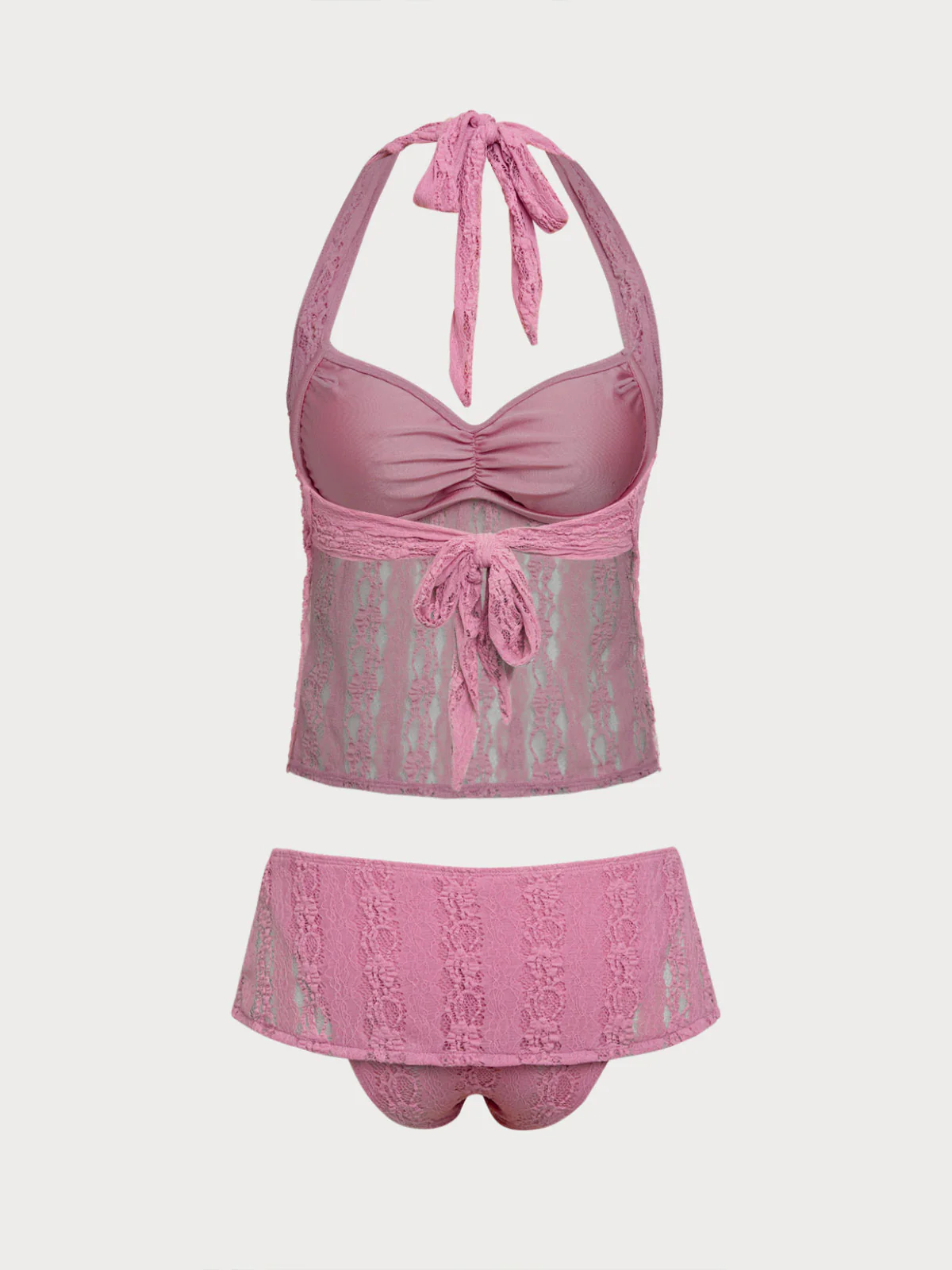 Pink Nylon Knitted Lace Tankini Set