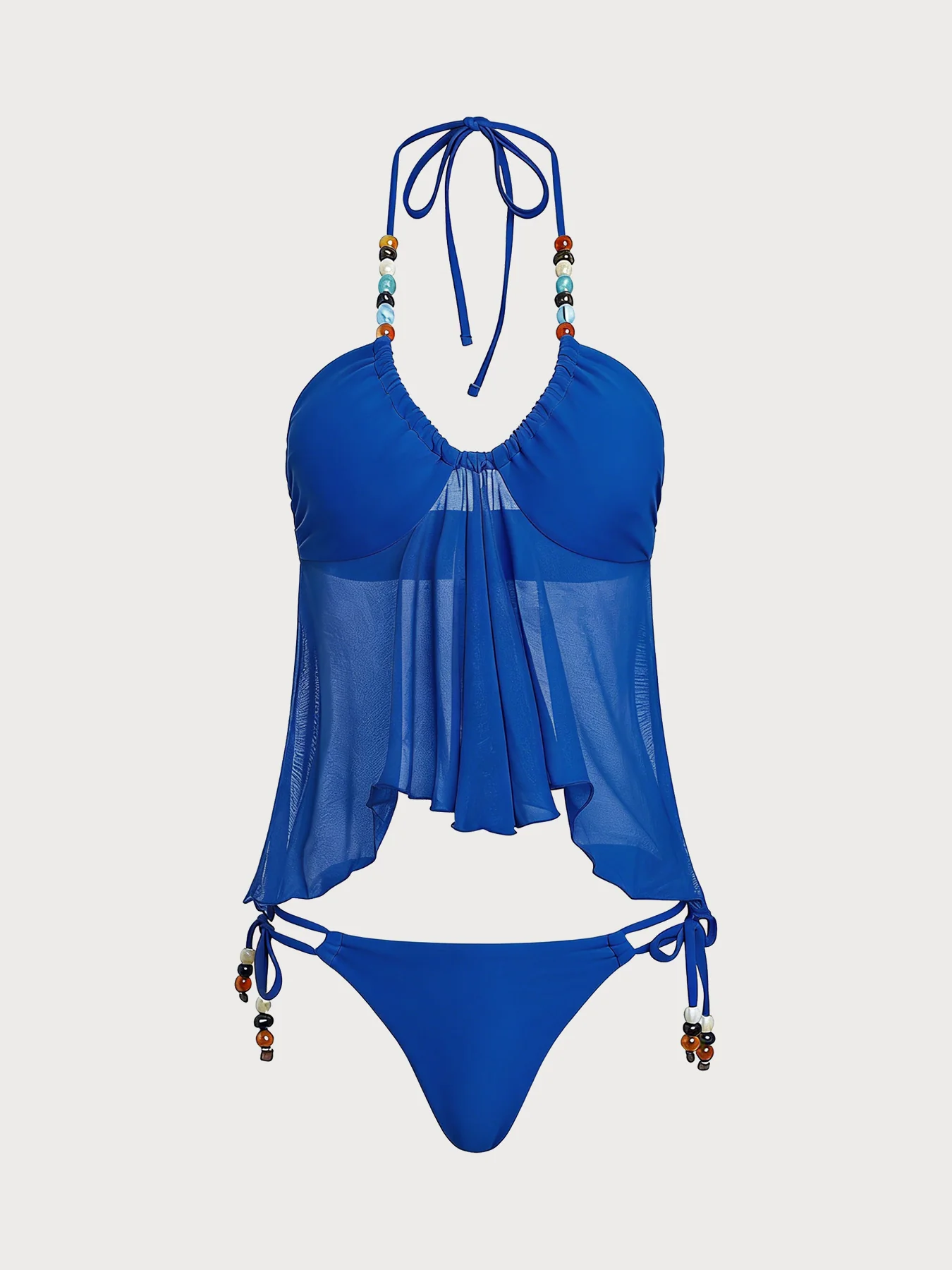 Blue Irregular Hem Contrast Beaded Tankini Set