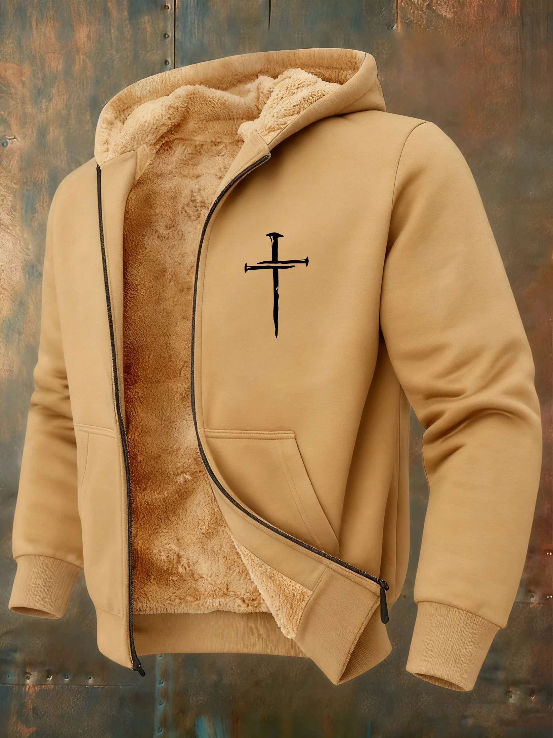 Men's Vintage Faith Cross Design Printed Plush Hooded Zip Jacket