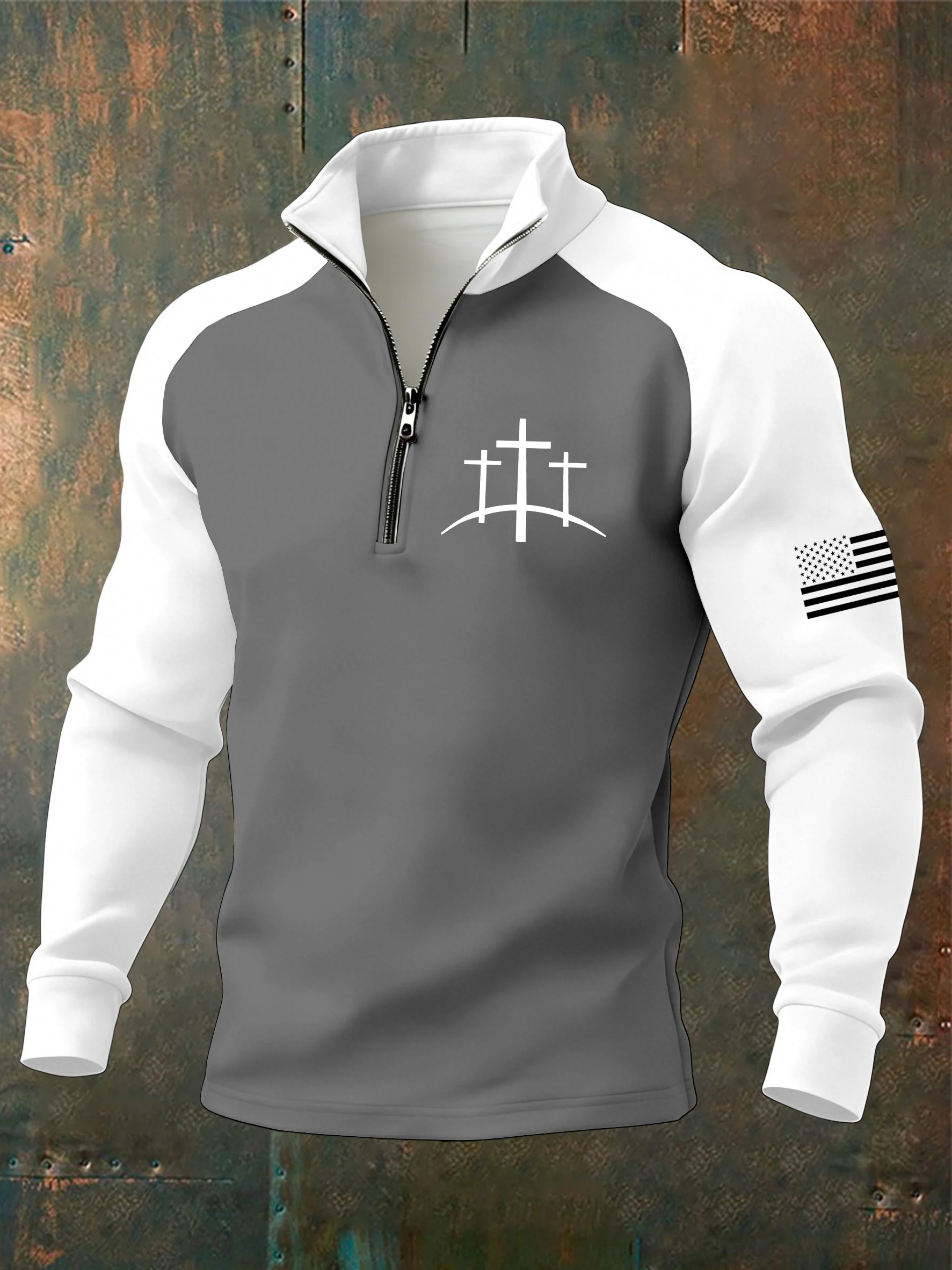 Men's Faith Cross Print Zipper Neck Sweatshirt