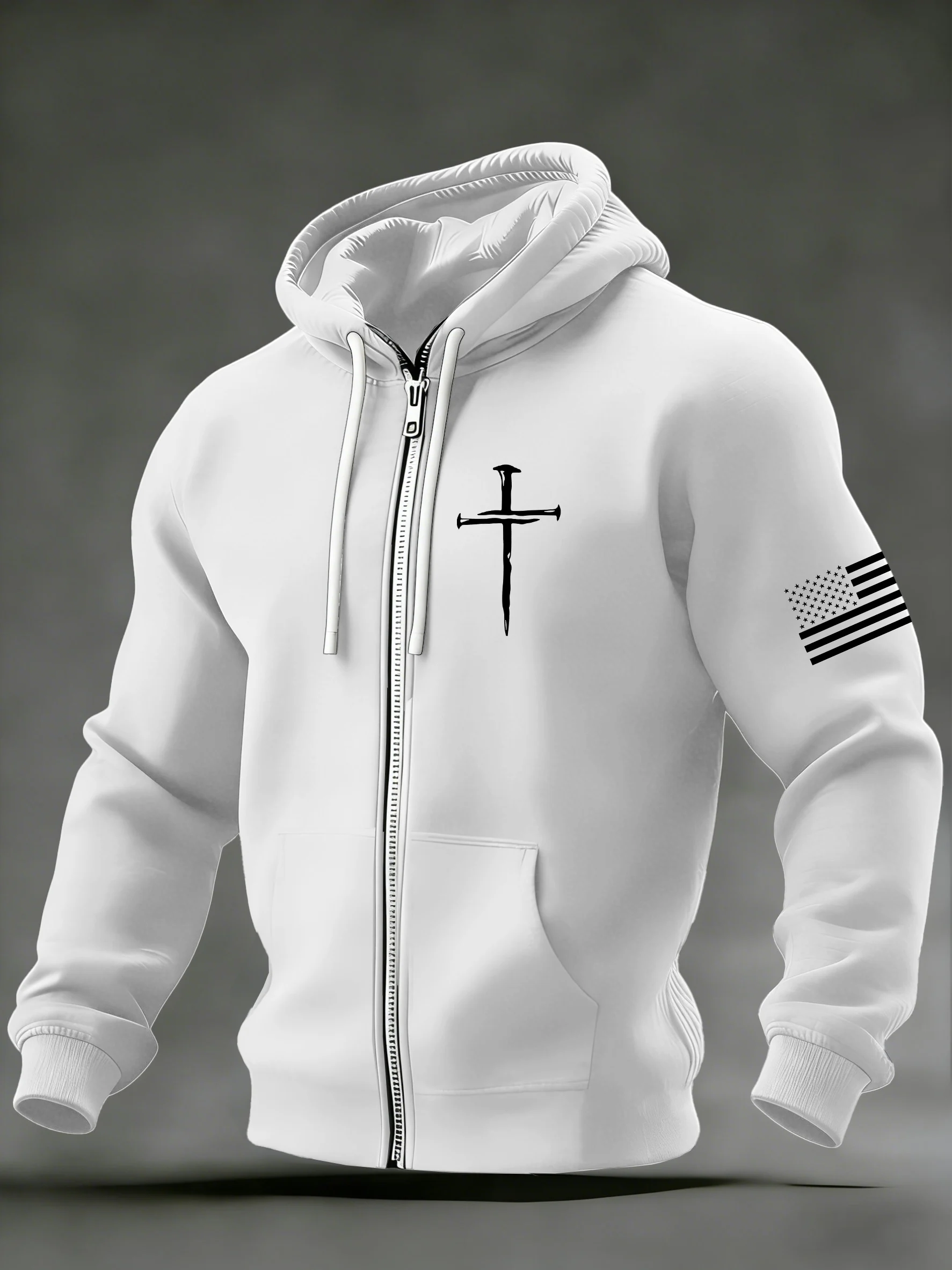 Men's Vintage Faith Cross Casual Printed Zip-Up Hoodie
