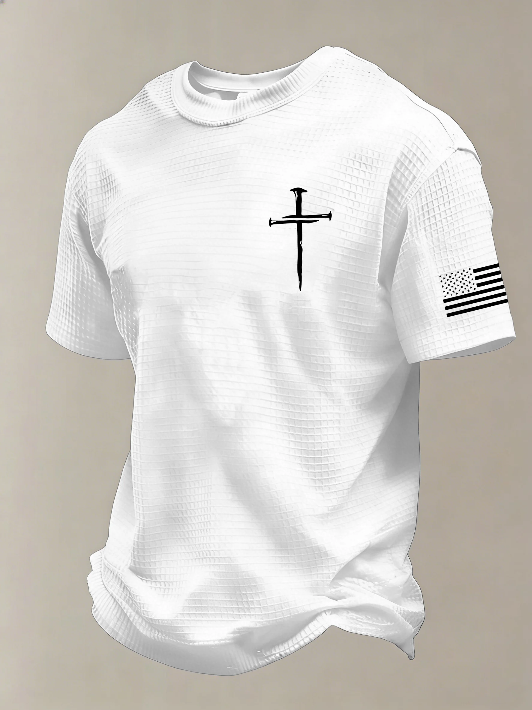 Men'S Vintage Faith Cross Flag Print Waffle-Knit Fabric T-Shirt-Fast Shipping