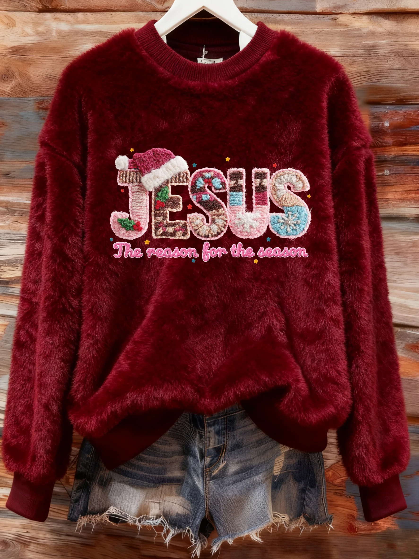 Women's Winter Christmas Cross Print Plush Crew Neck Top