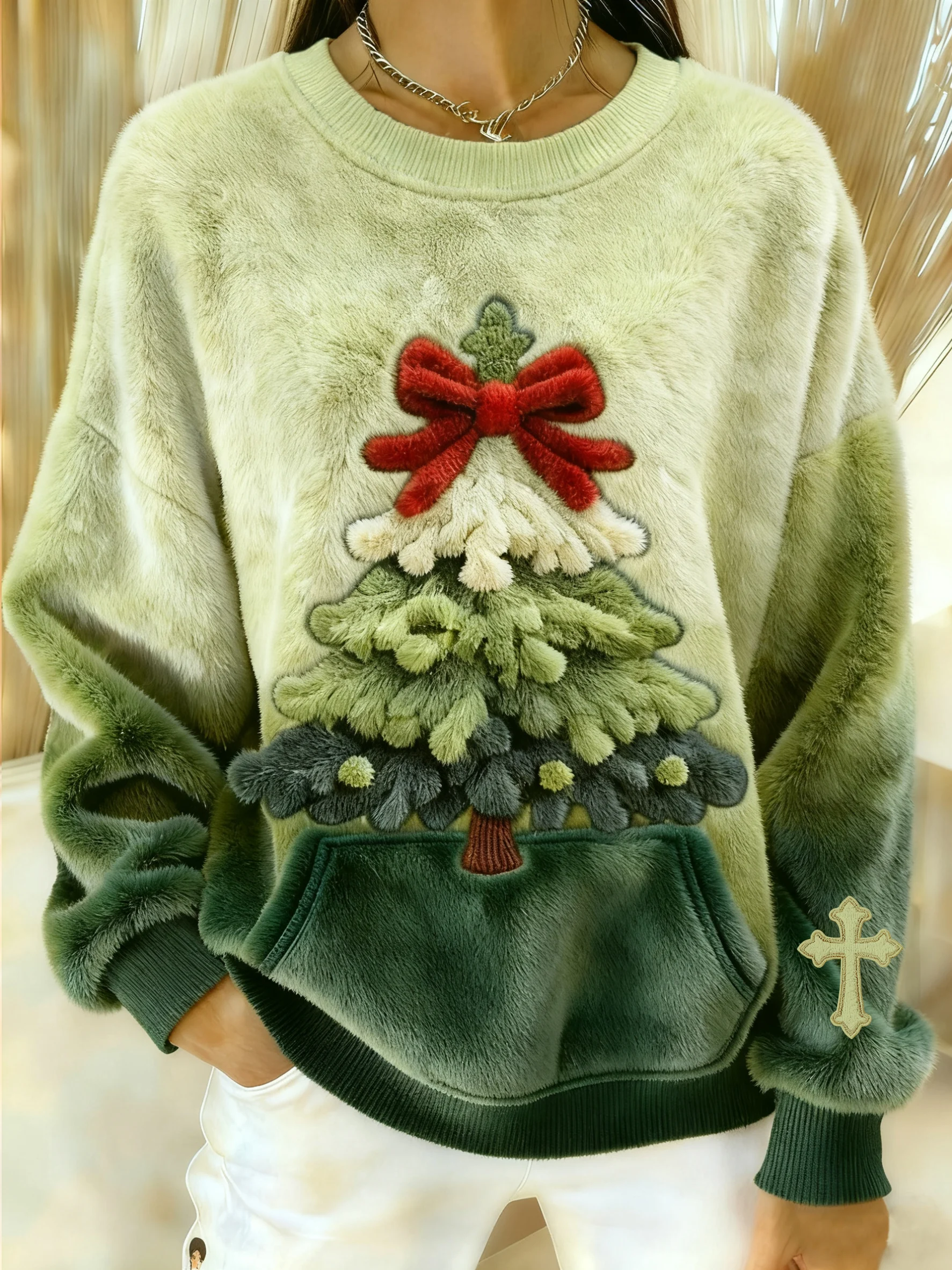 Women's Winter Christmas Cross Printed Crew Neck Furry Top