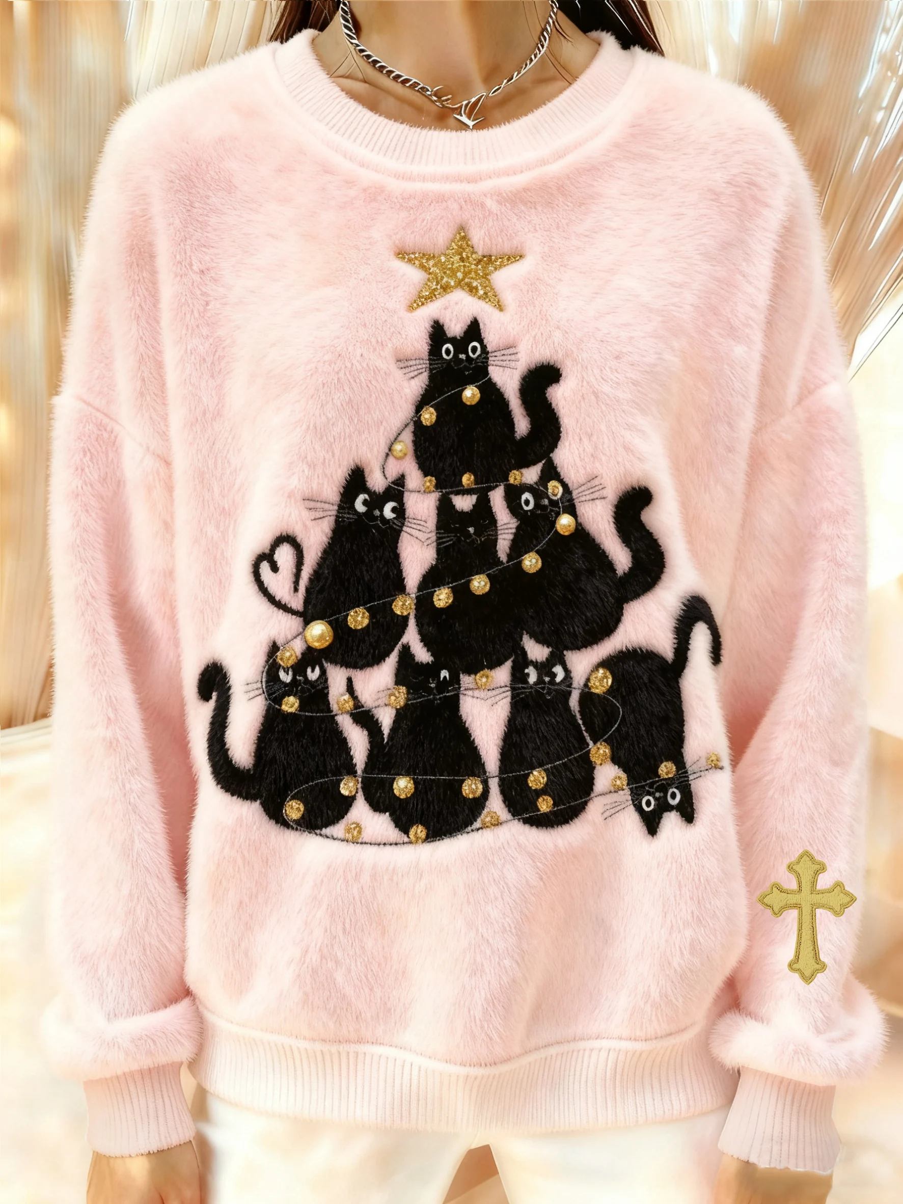 Women's Winter Christmas Cross Printed Crew Neck Furry Top