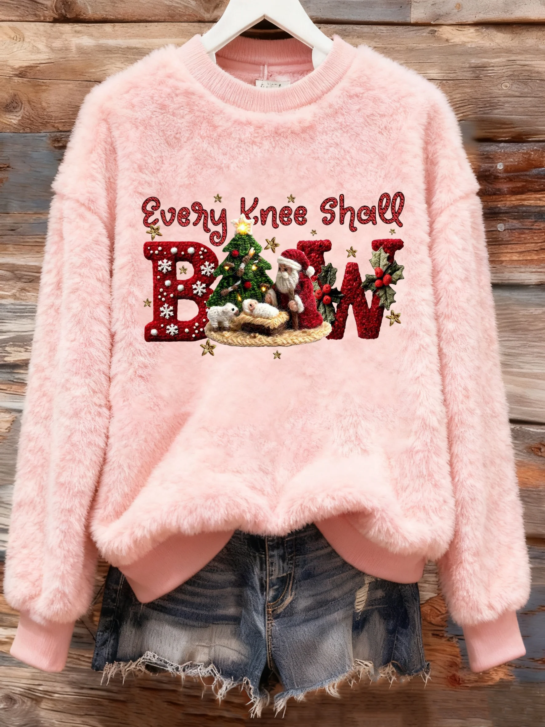 Women's Winter Christmas Cross Print Plush Crew Neck Top